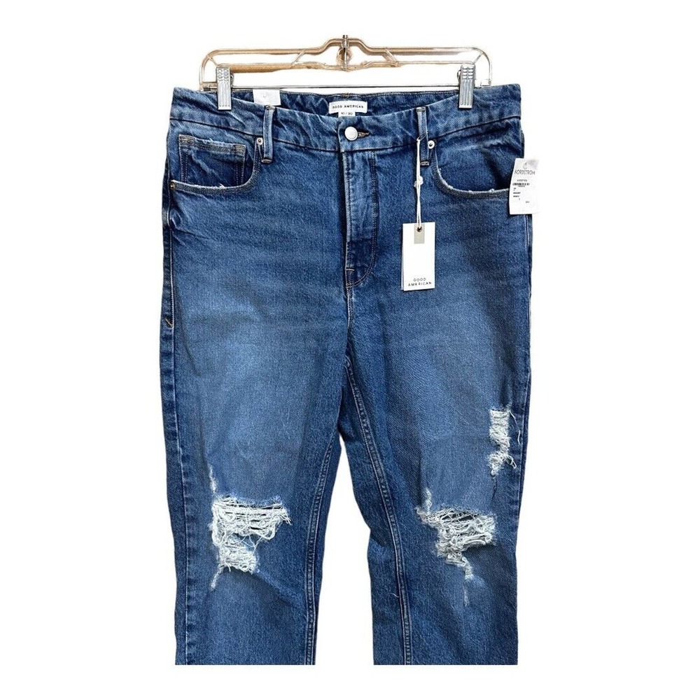 Good American Good Icon Crop Festival Rips Jeans Womens Blue High Rise 10 / 30 - Picture 7 of 14